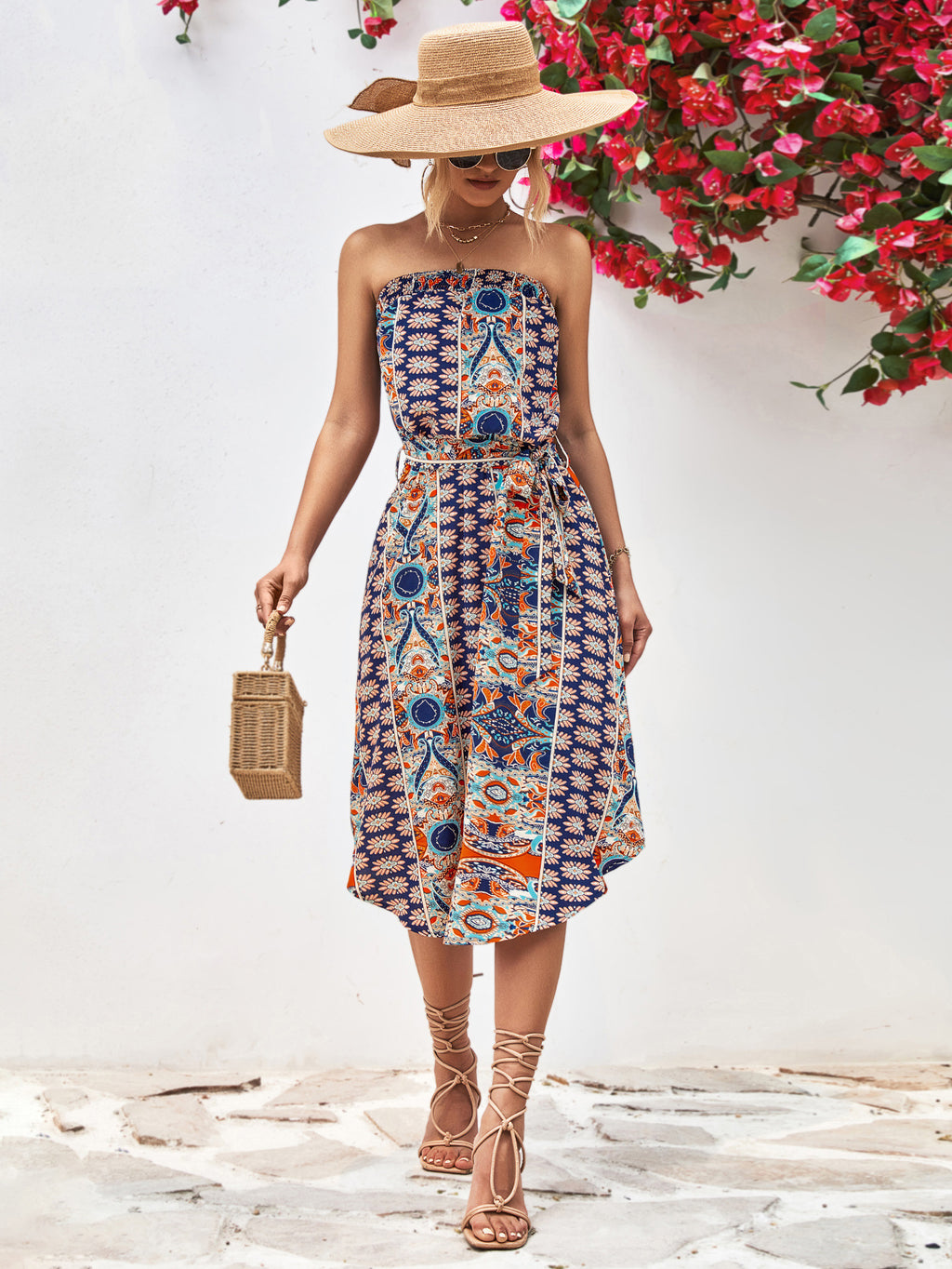 Printed Strapless Tie Belt Dress (15)