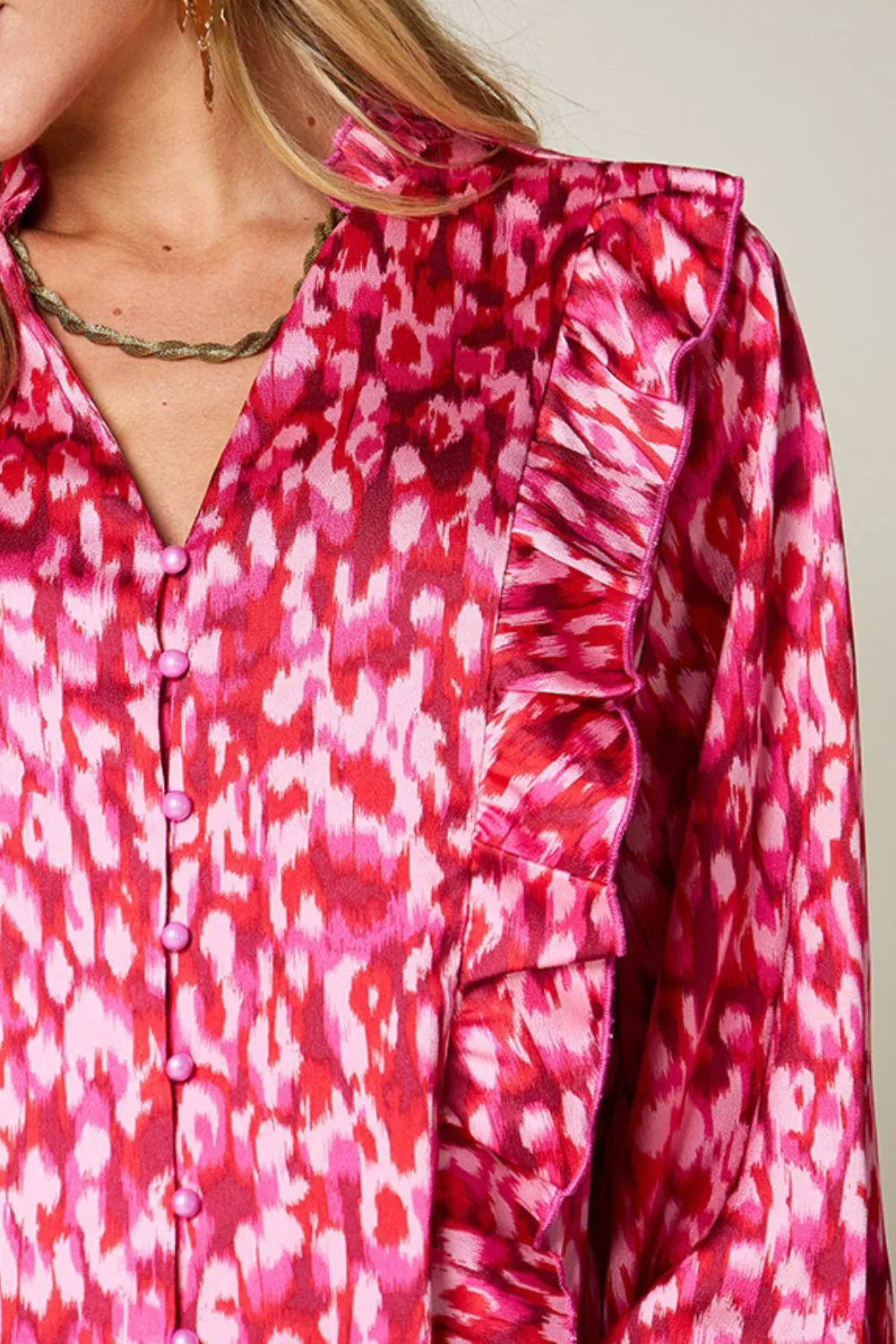 Full Size Printed Ruffle Trim Balloon Sleeve Shirt Plus (19)