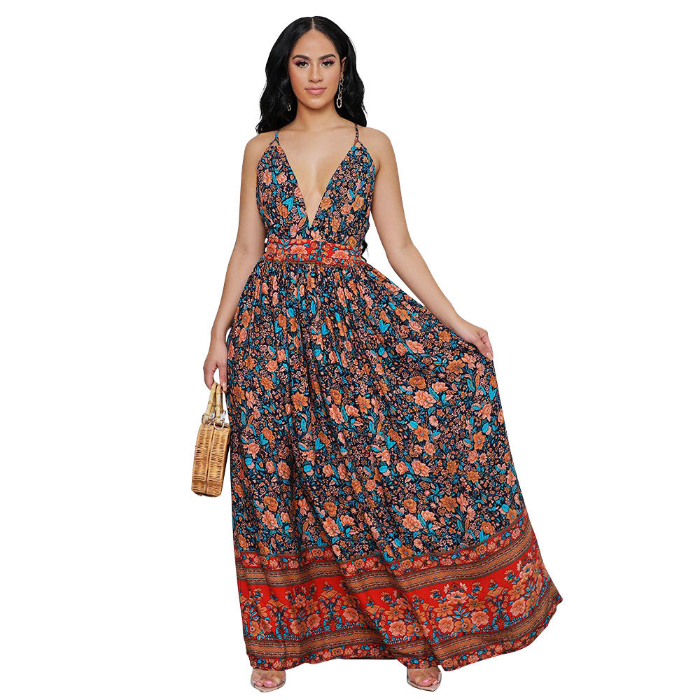 V-neck Sling Floral Dress variant CJNSSYLY15685-Orange-XL|CJNSSYLY15685-Orange-L|CJNSSYLY15685-Orange-M|CJNSSYLY15685-Orange-XXL|CJNSSYLY15685-Orange-S