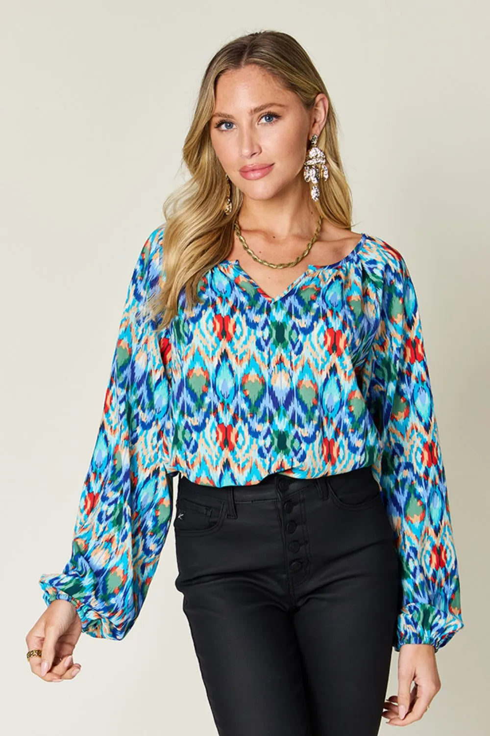 Full Size Printed Balloon Sleeve Blouse (2)