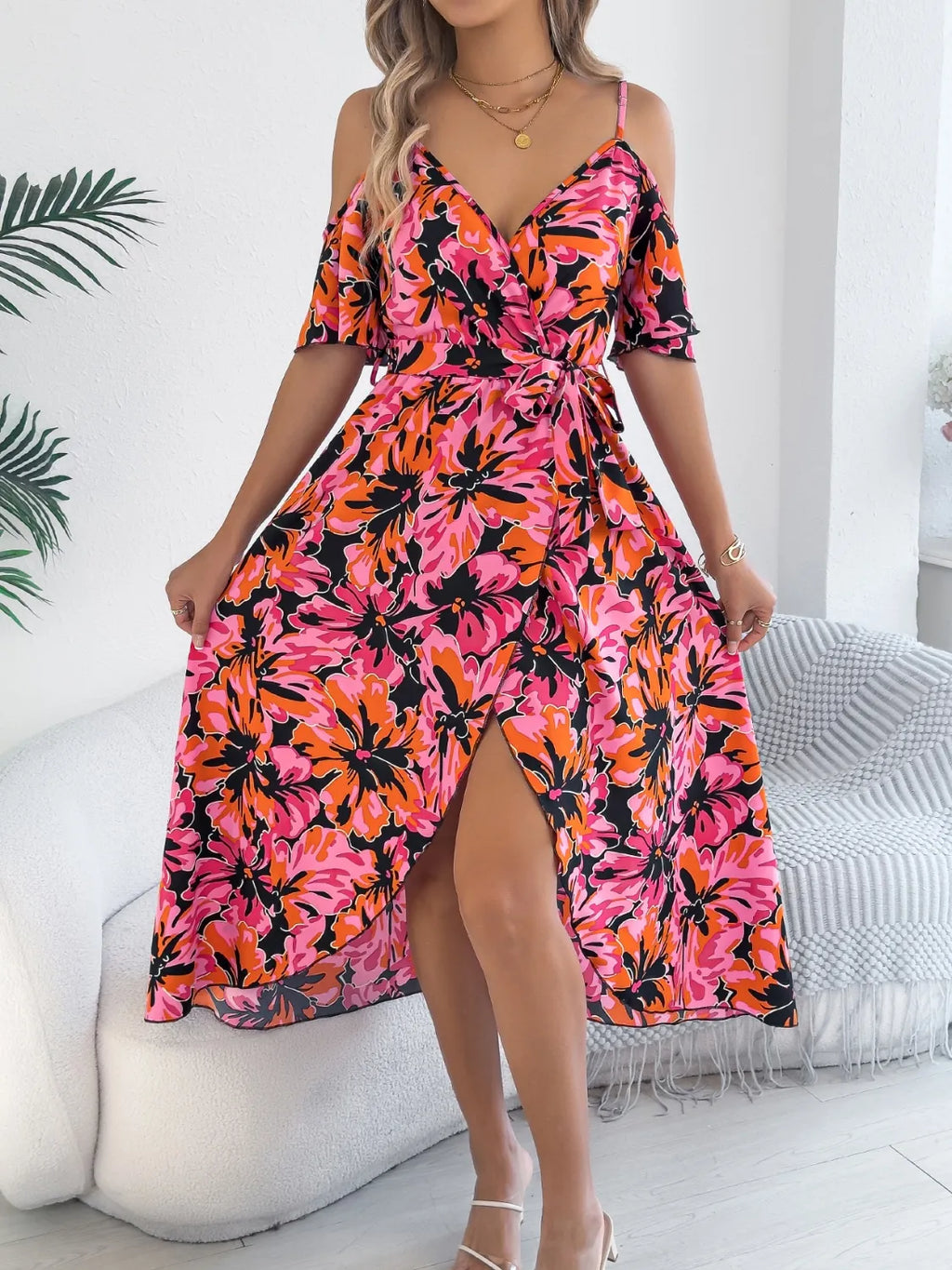 Printed Cold Shoulder Midi Cami Dress (4)