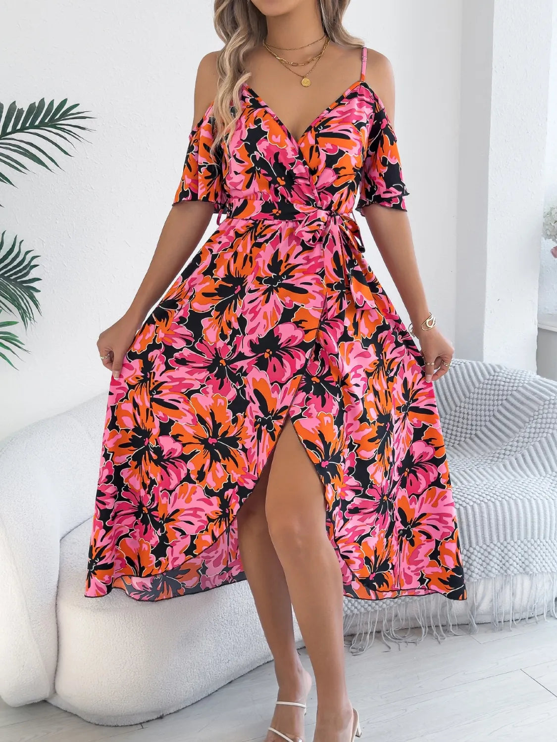 Printed Cold Shoulder Midi Cami Dress (4)