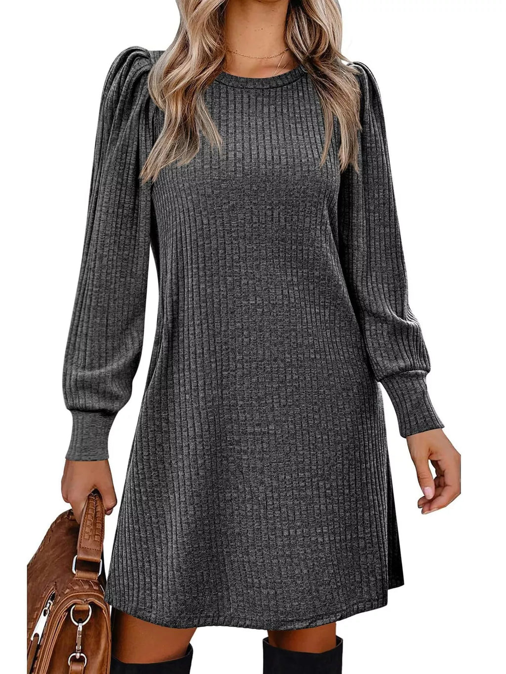 Puff Sleeve Ribbed Knit Dress Pockets (2)