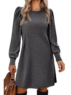 Puff Sleeve Ribbed Knit Dress Pockets (2)
