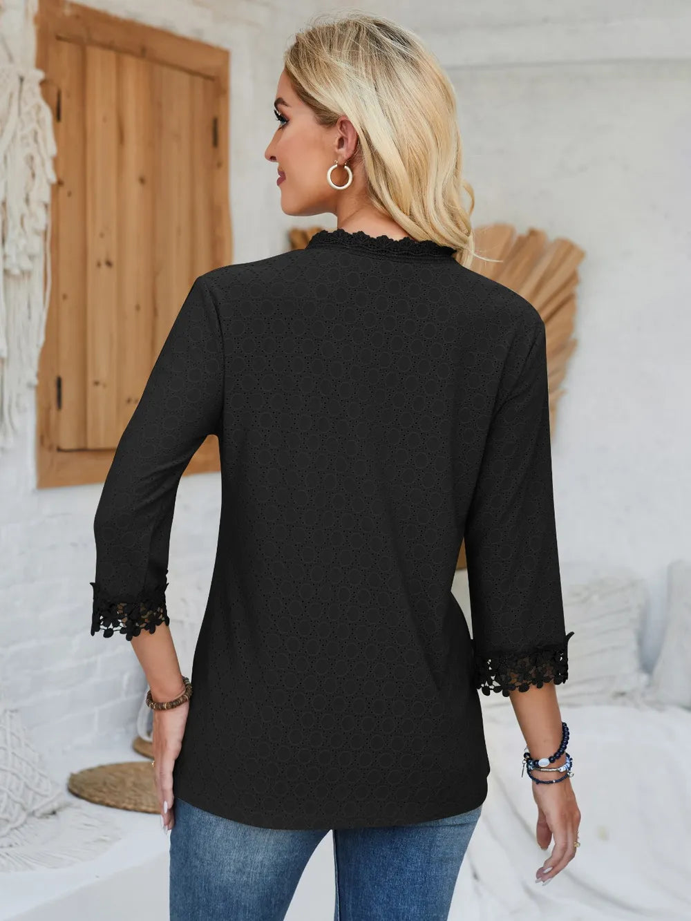 Lace Detail V-neck Three-quarter Sleeve Blouse (20)