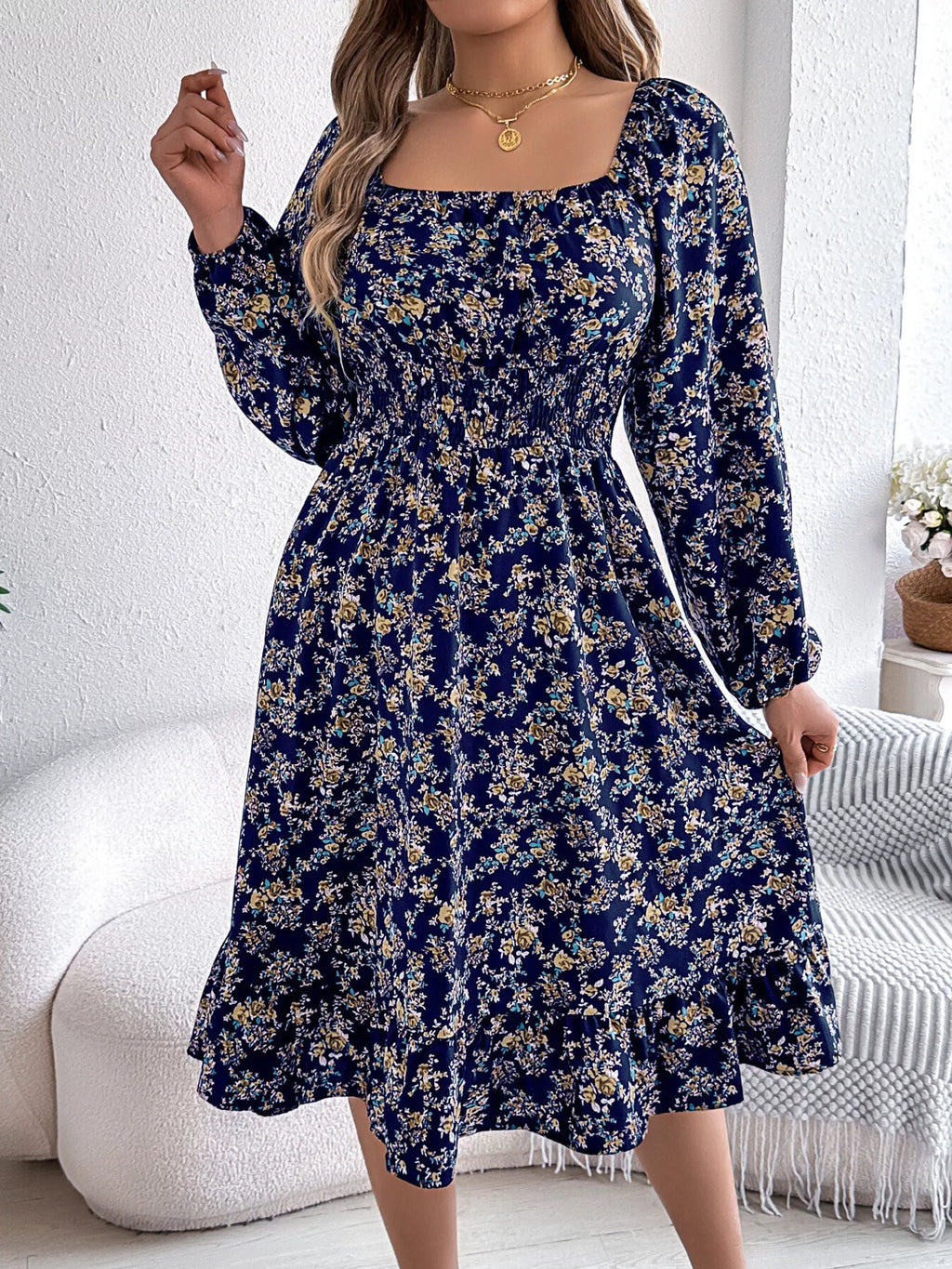 Floral Print Long Sleeve Square Neck Midi Dress (2)