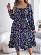 Floral Print Long Sleeve Square Neck Midi Dress (2)