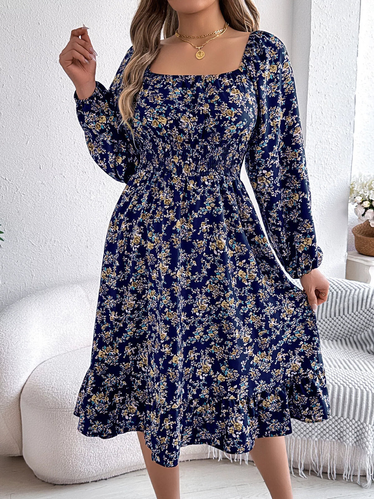 Floral Print Long Sleeve Square Neck Midi Dress (2)