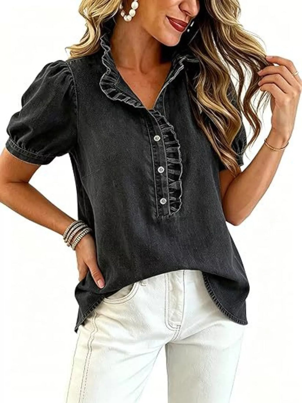 Frill Puff Sleeve Denim Top (4)