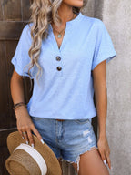 Notched Buttoned Short Sleeve T-shirt (3)