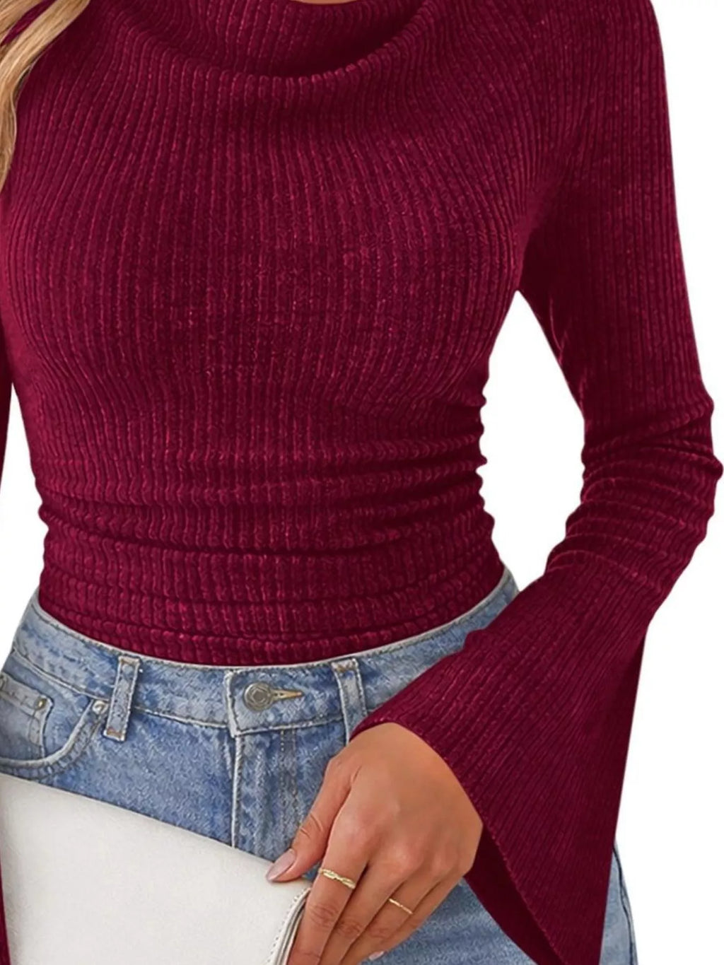 Ribbed Knit Cowl Neck Flared Sleeves Top (6)