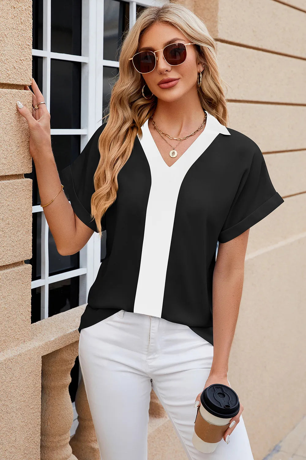 Contrast Johnny Collar Short Sleeve Blouse (3)