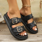 Open Toe Double Buckle Flat Sandals (4)
