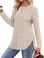 Casual Ribbed Knit Long Sleeve T-shirt (18)