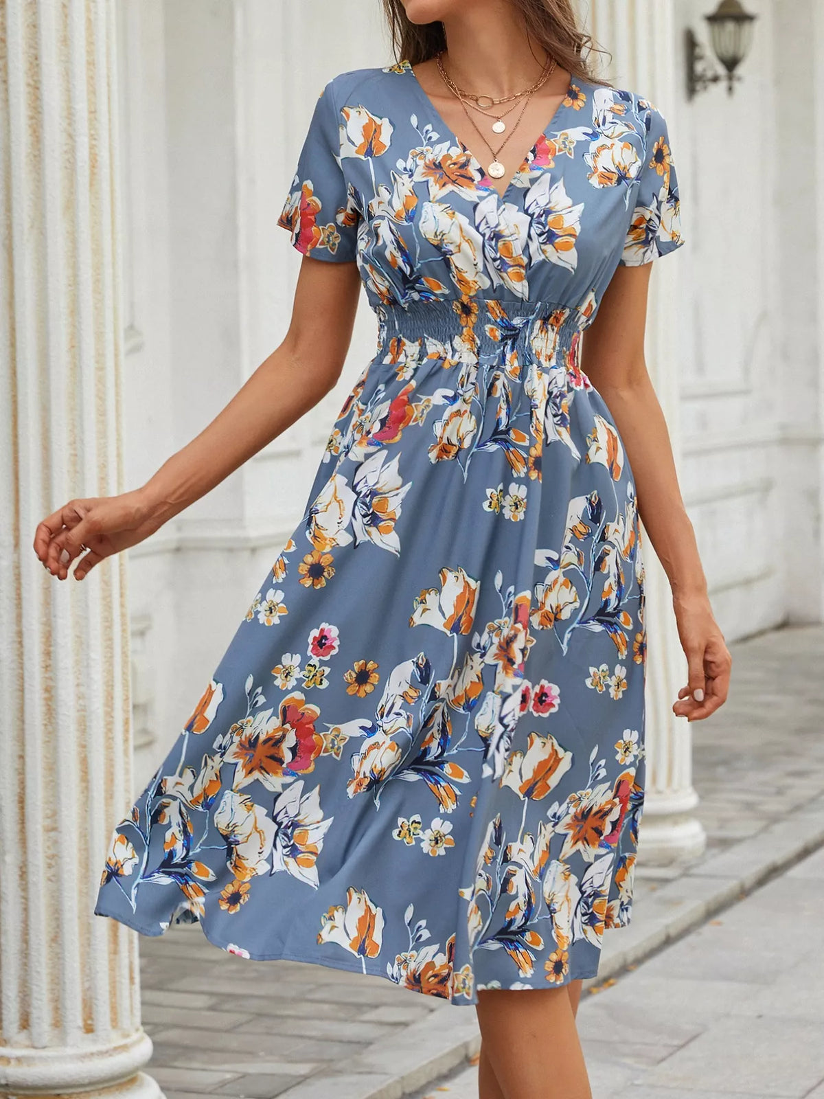 Printed Short Sleeve Midi Dress (20)
