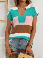 Striped Notched Short Sleeve Sweater (10)