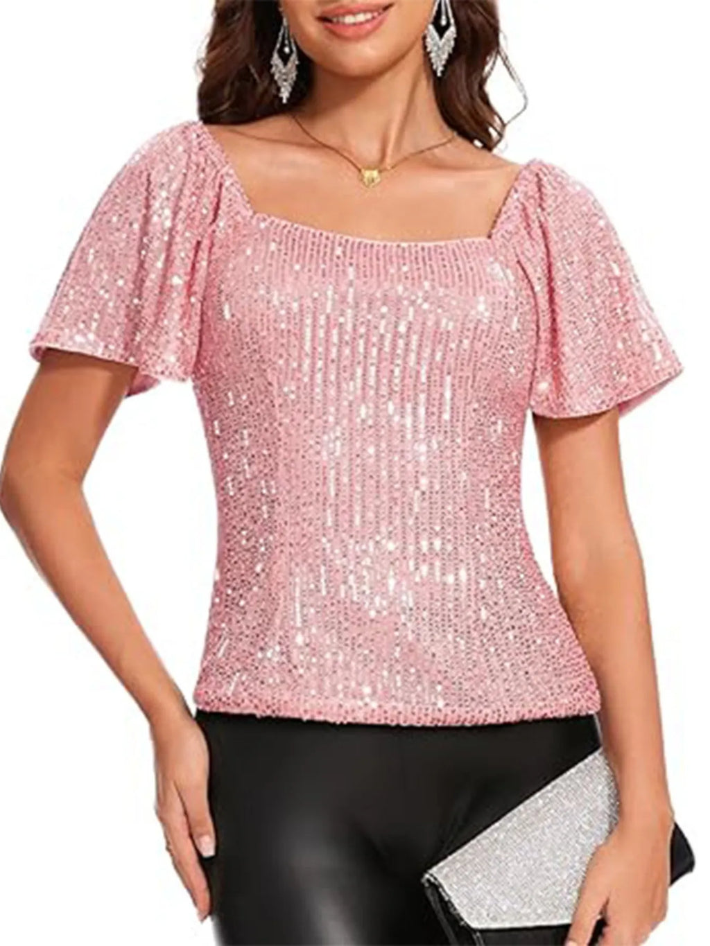 Square Neck Sequin Short Sleeve Blouse (8)