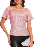 Square Neck Sequin Short Sleeve Blouse (8)
