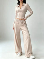 Solid Color Long Sleeve Polo Collar Top Wide Leg Pants Set (2)