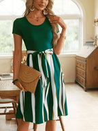 Striped Short Sleeve Tie Waist Dress (3)