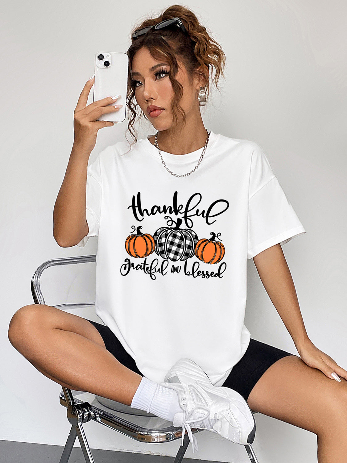 Round Neck Short Sleeve Fall Season Graphic T-shirt (3)