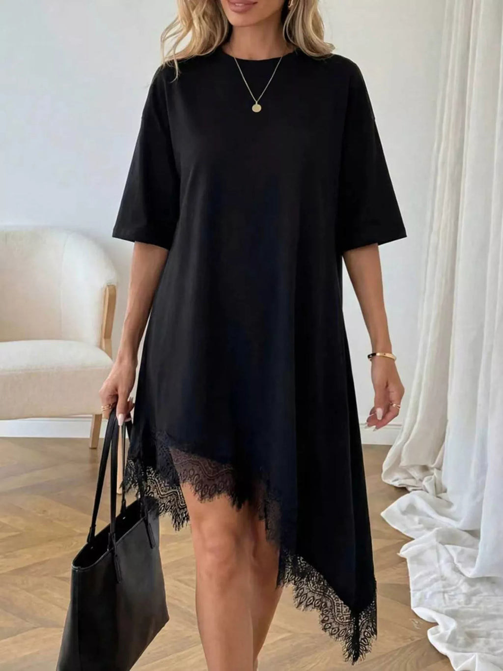 Lace Trim Asymmetrical Hem T-shirt Dress (8)