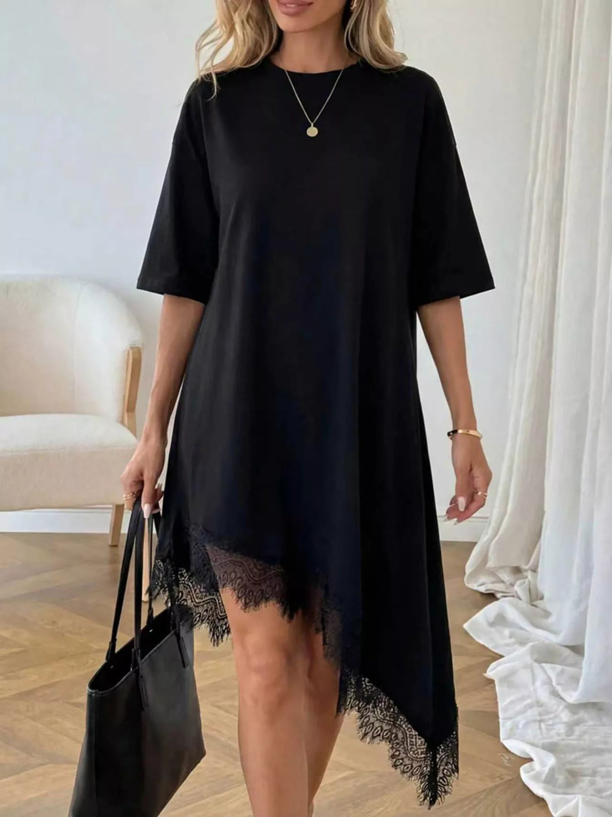 Lace Trim Asymmetrical Hem T-shirt Dress (8)