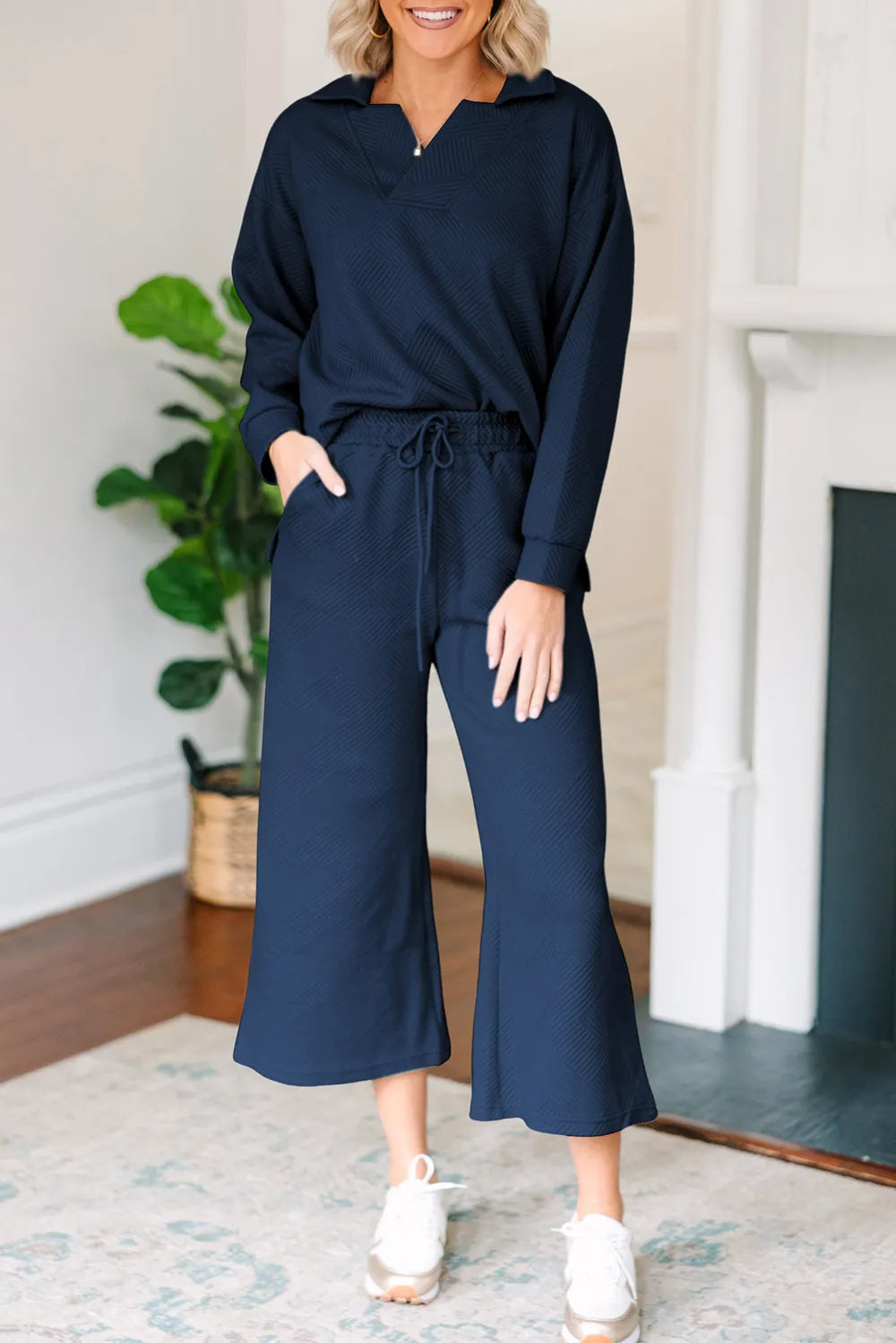 Textured Collared Neck Top Wide Leg Pants Set (15)