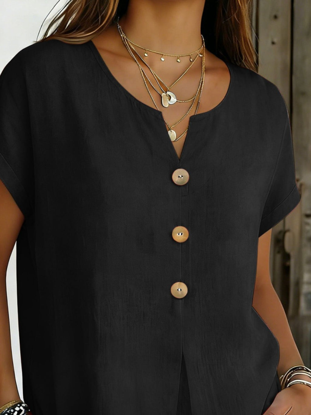 Decor Button Short Sleeve Blouse (8)