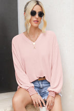Waffle-knit V-neck Long Sleeve Top (2)