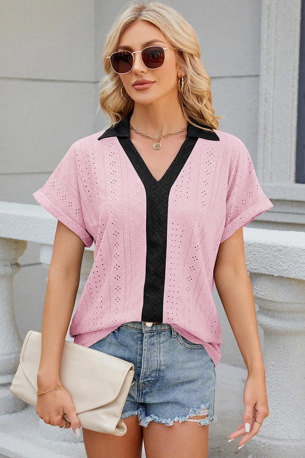 Eyelet Johnny Collar Short Sleeve T-shirt (15)