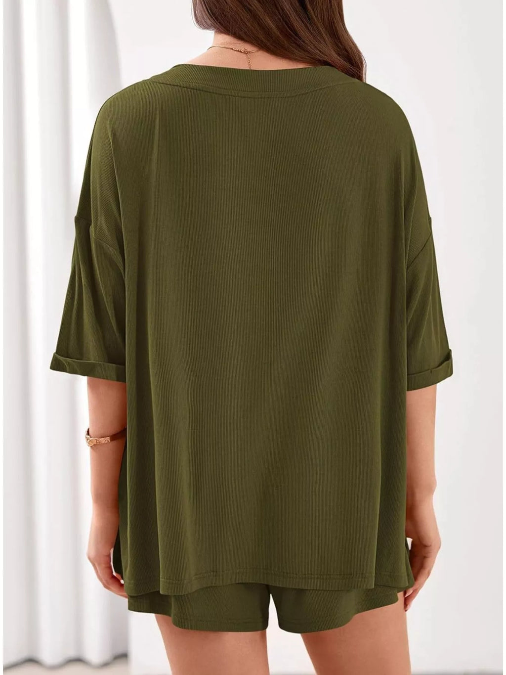 Casual Solid Color V-neck Top Shorts Set (16)