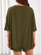 Casual Solid Color V-neck Top Shorts Set (16)