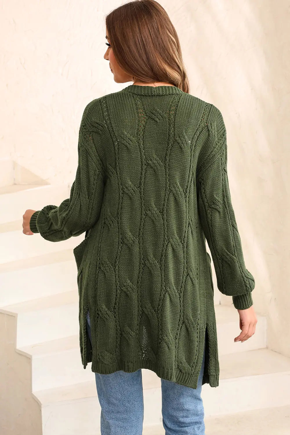 Cable-knit Dropped Shoulder Slit Cardigan (20)