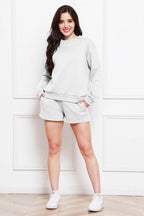 Round Neck Long Sleeve Sweatshirt Drawstring Shorts Set (5)
