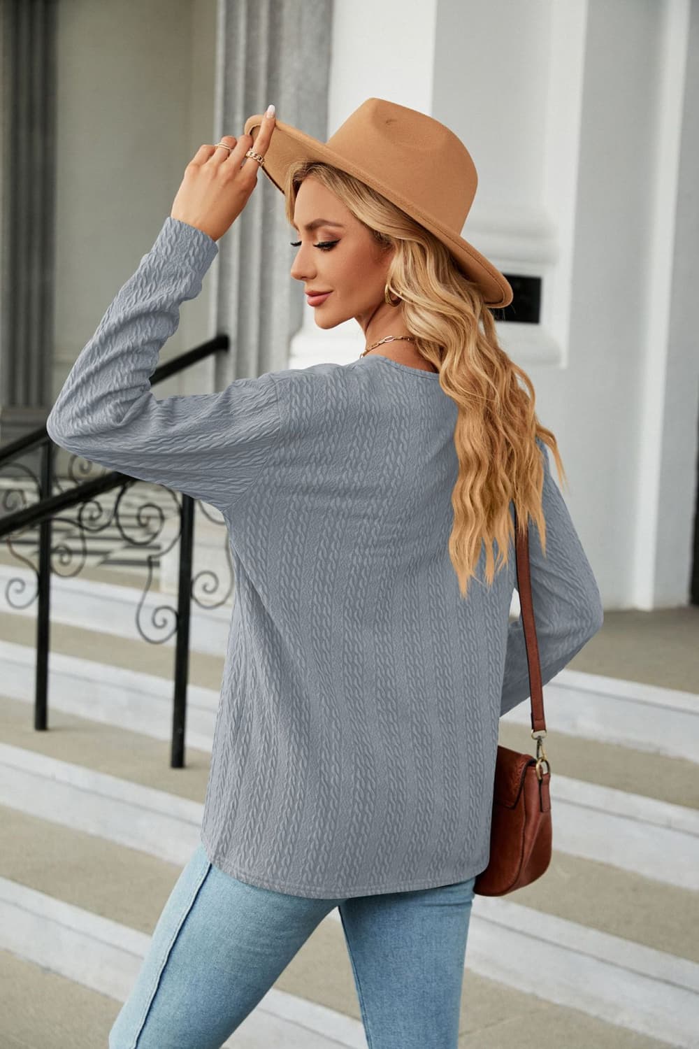 Decorative Button V-neck Long Sleeve T-shirt (2)