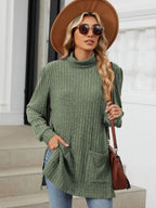 Slit Mock Neck Long Sleeve T-shirt (6)