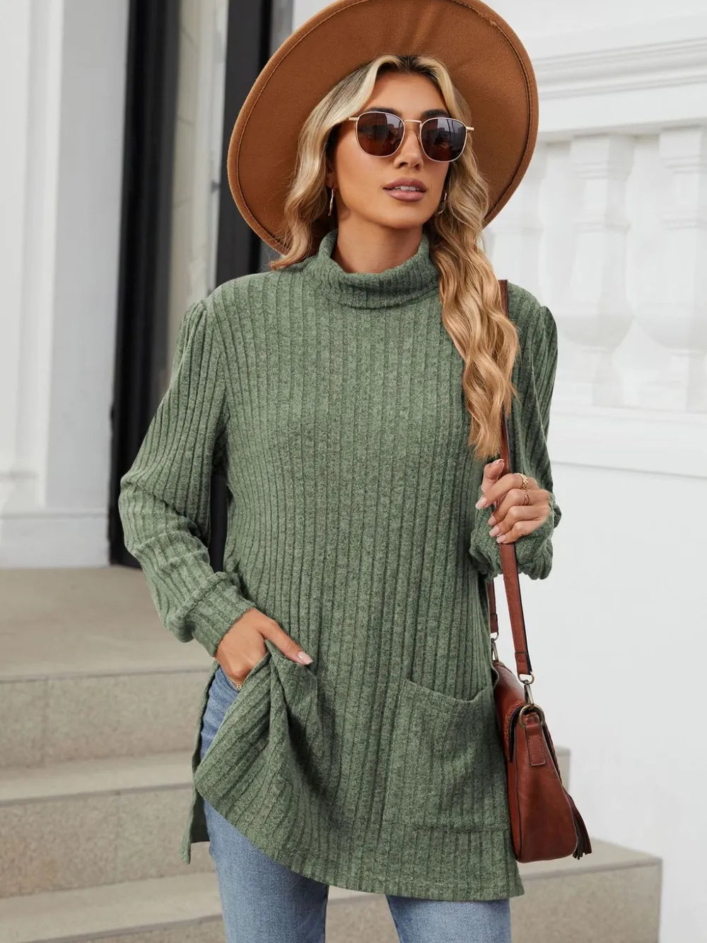 Slit Mock Neck Long Sleeve T-shirt (6)