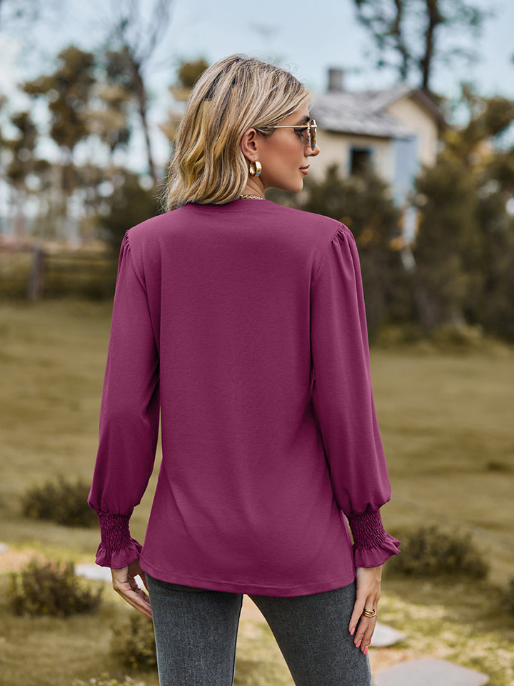 Notched Neck Flounce Sleeve Blouse (21)