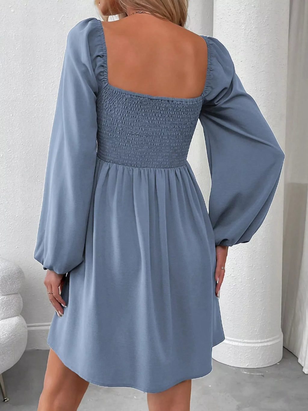 Ruched Square Neck Long Sleeve A-line Dress (15)