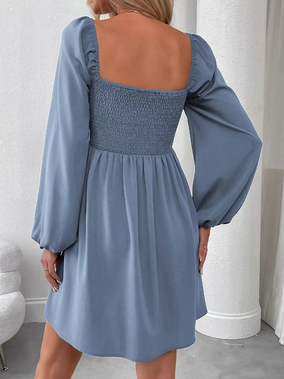 Ruched Square Neck Long Sleeve A-line Dress (15)