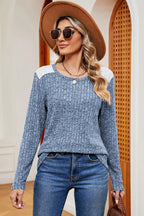Eyelet Ribbed Round Neck Long Sleeve T-shirt (11)