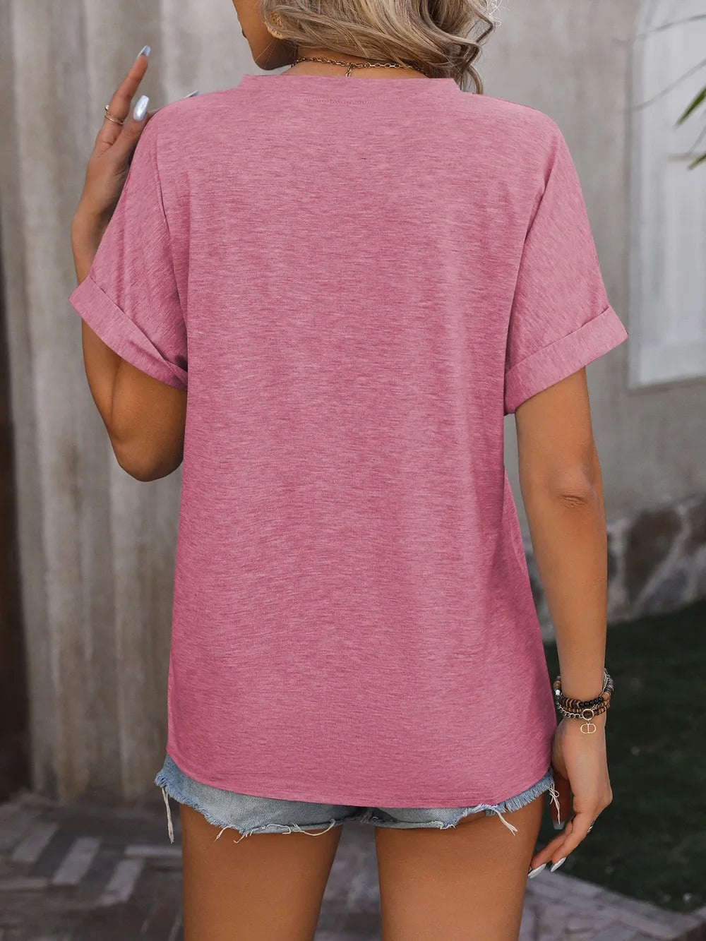 Notched Buttoned Short Sleeve T-shirt (16)