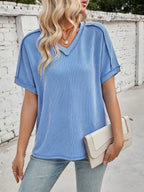 Cord Ribbed V-neck Short Sleeve T-shirt (14)