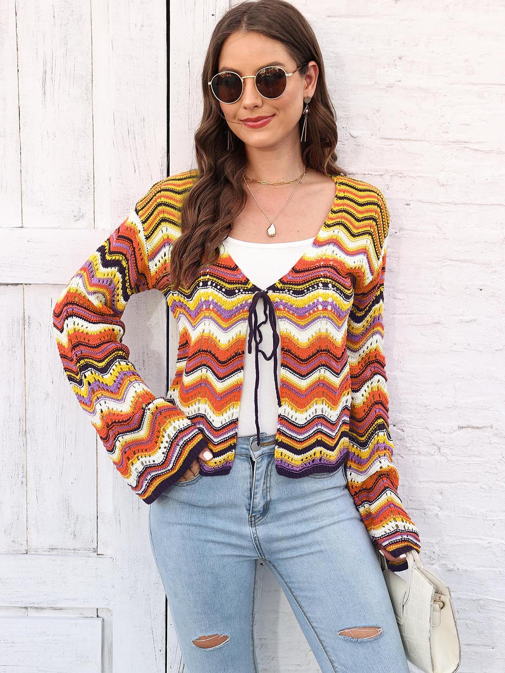 Striped Openwork Tied Cardigan (4)