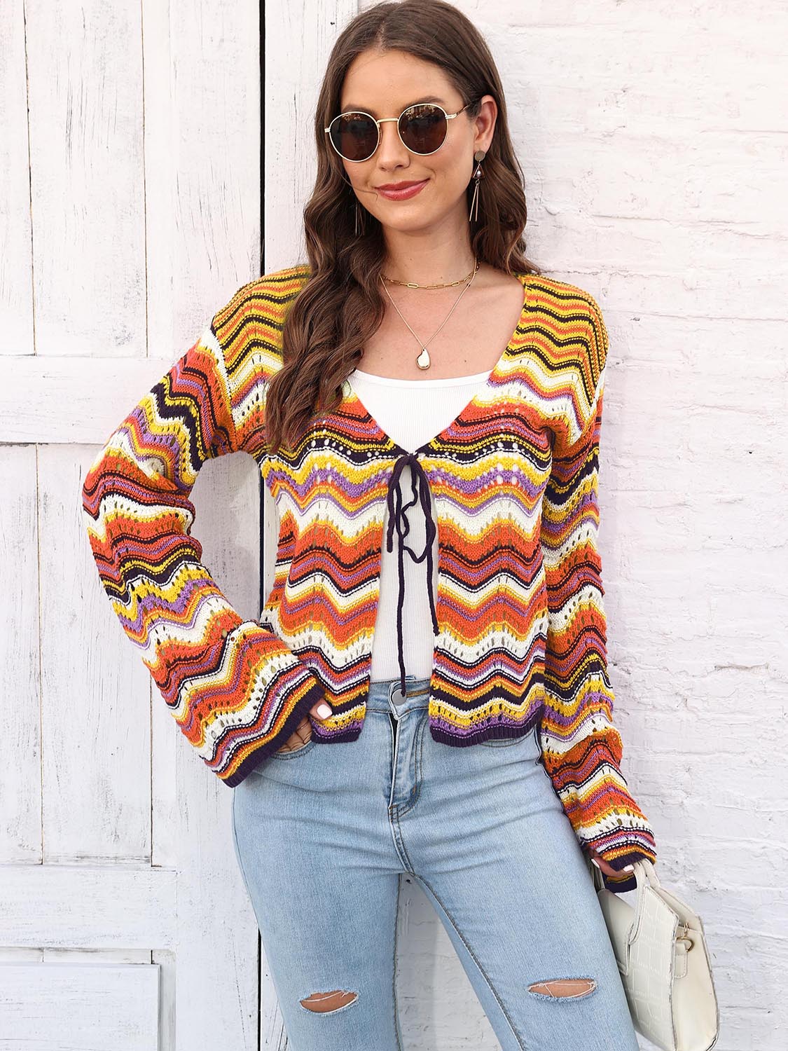 Striped Openwork Tied Cardigan (4)