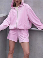 Zip Up Hooded Outerwear Shorts Set (16)