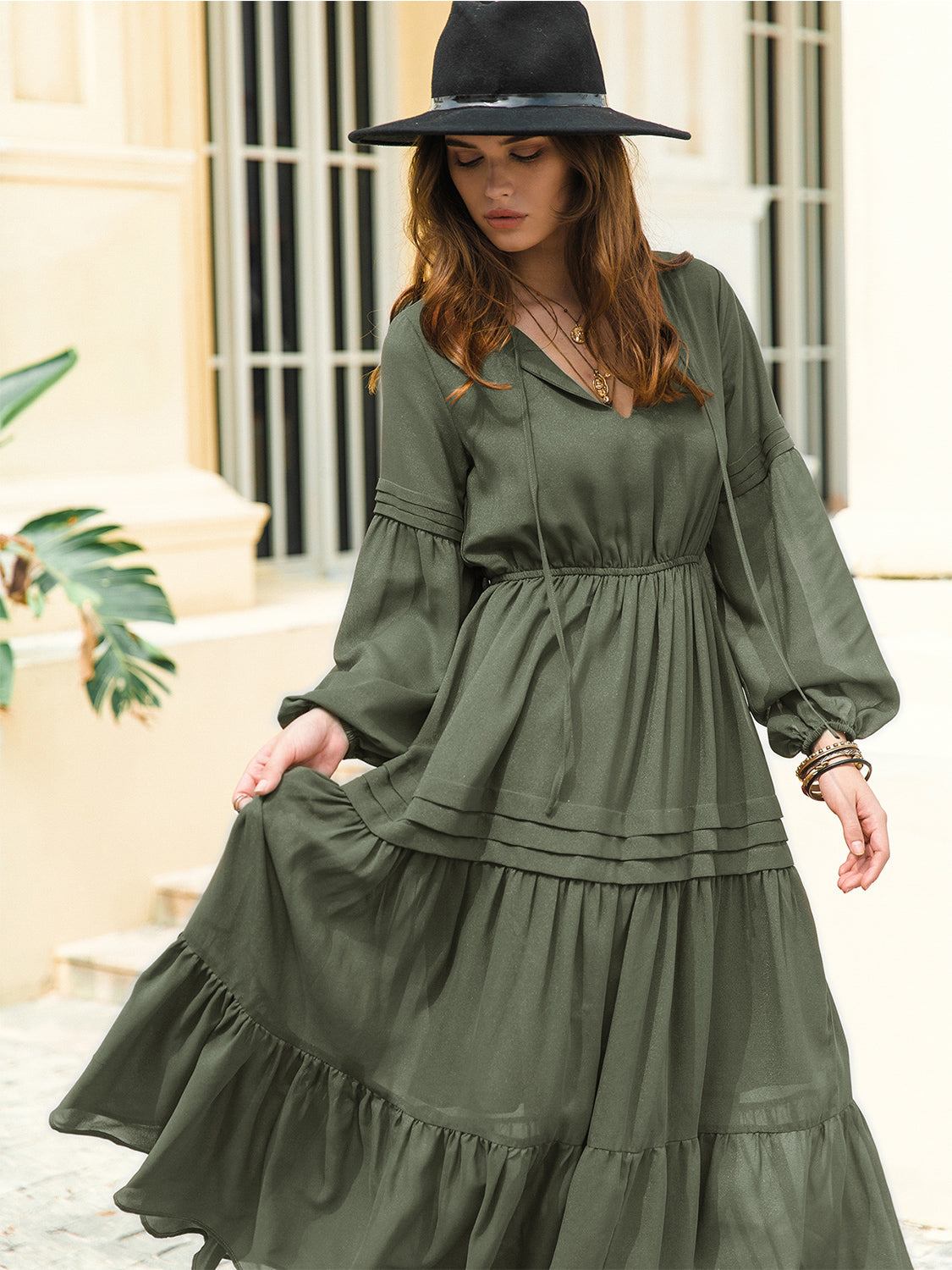 Tie Neck Long Sleeve Midi Tiered Dress (22)