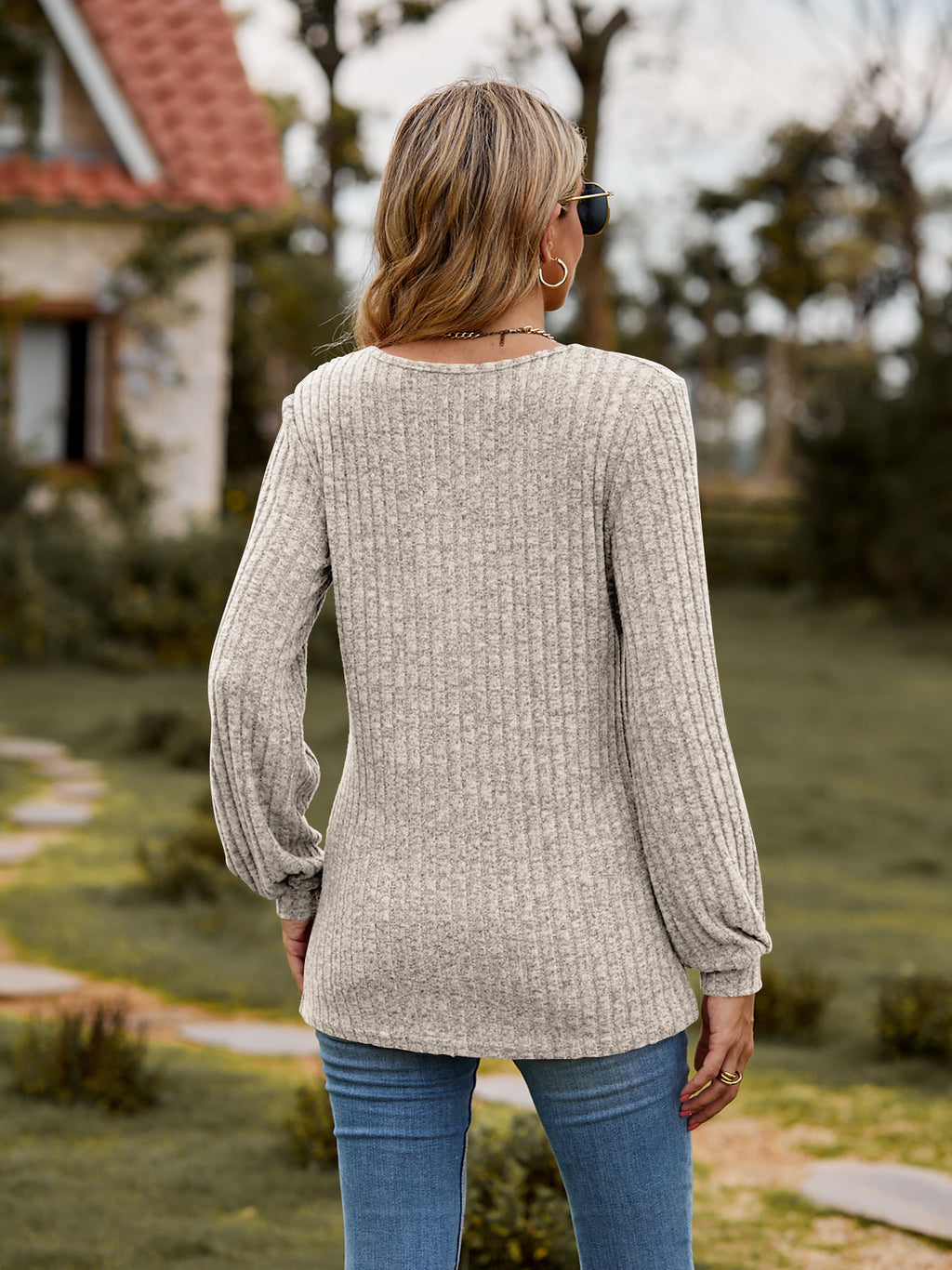 Round Neck Button-down Long Sleeve Tee (28)