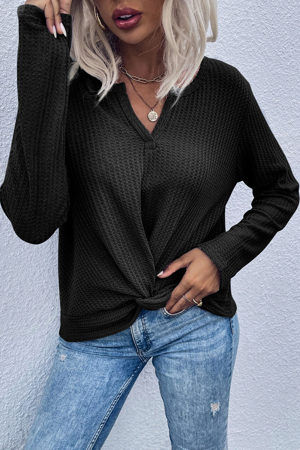 Twist Front Long Sleeve Waffle Knit Top (2)
